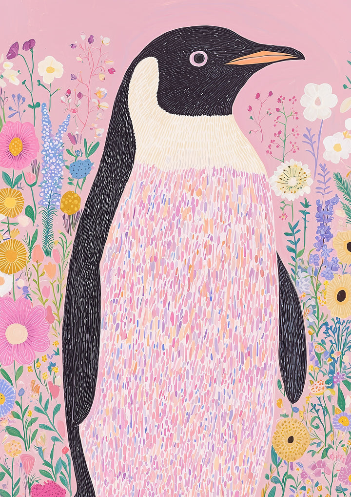 Wadi Home whimsical penguin art print with pink background and colorful flowers. Features a penguin with black head and white chest, surrounded by a vibrant meadow.