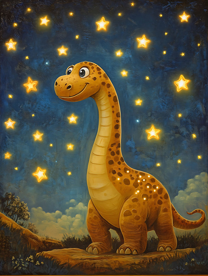 Wadi Home whimsical orange dinosaur art with yellow stars on a dark blue night sky, perfect for a child's room.