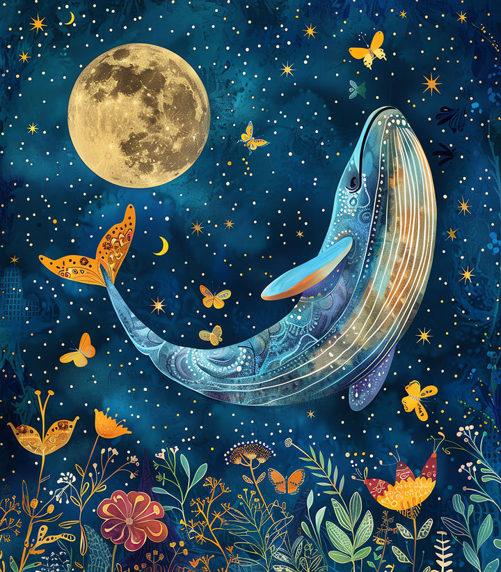 Wadi Home whimsical blue whale art with moon, stars, butterflies, and flowers. Perfect for nursery.