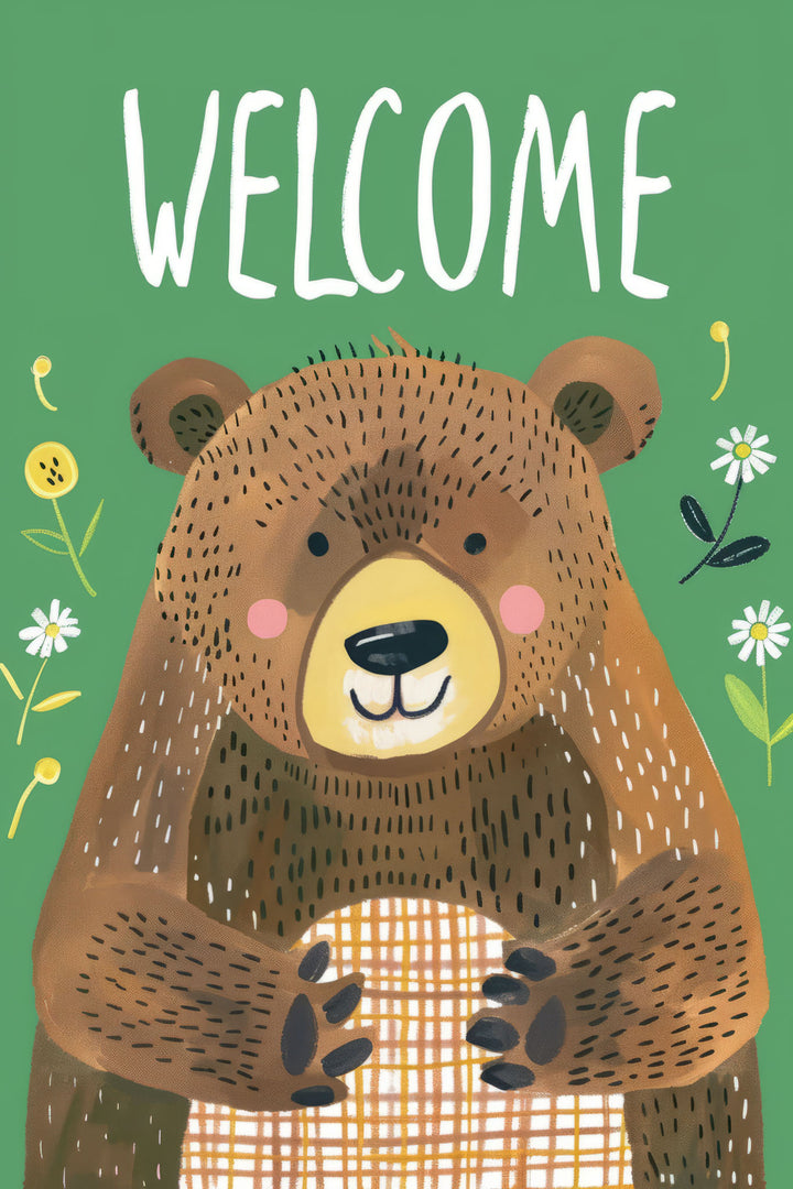 Wadi Home framed woodland bear welcome wall art with green background and white text.