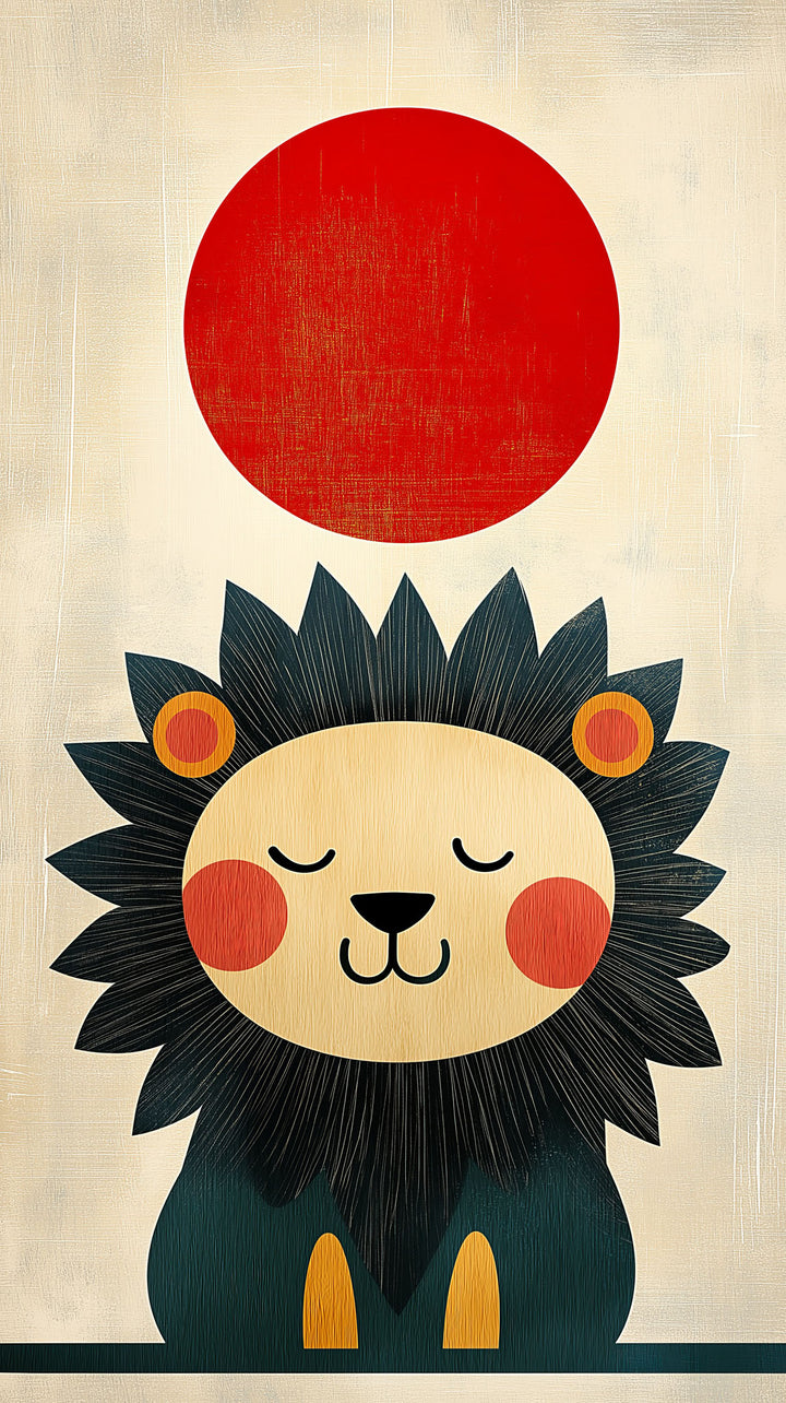 Wadi Home cute lion with red sun wall art for child's room. Features a stylized lion with a black mane and yellow accents against a textured cream background with a red sun.
