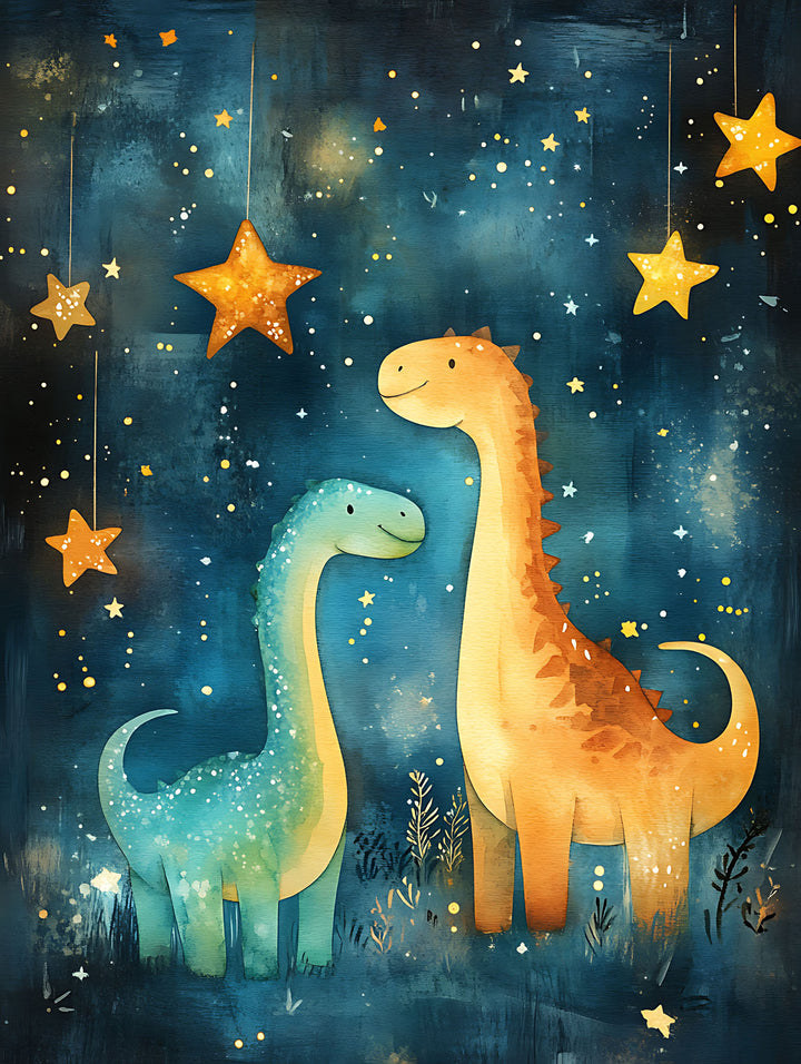 Wadi Home Whimsical Dinosaur Starry Night Nursery Art featuring two friendly watercolor dinosaurs under a starry night sky.