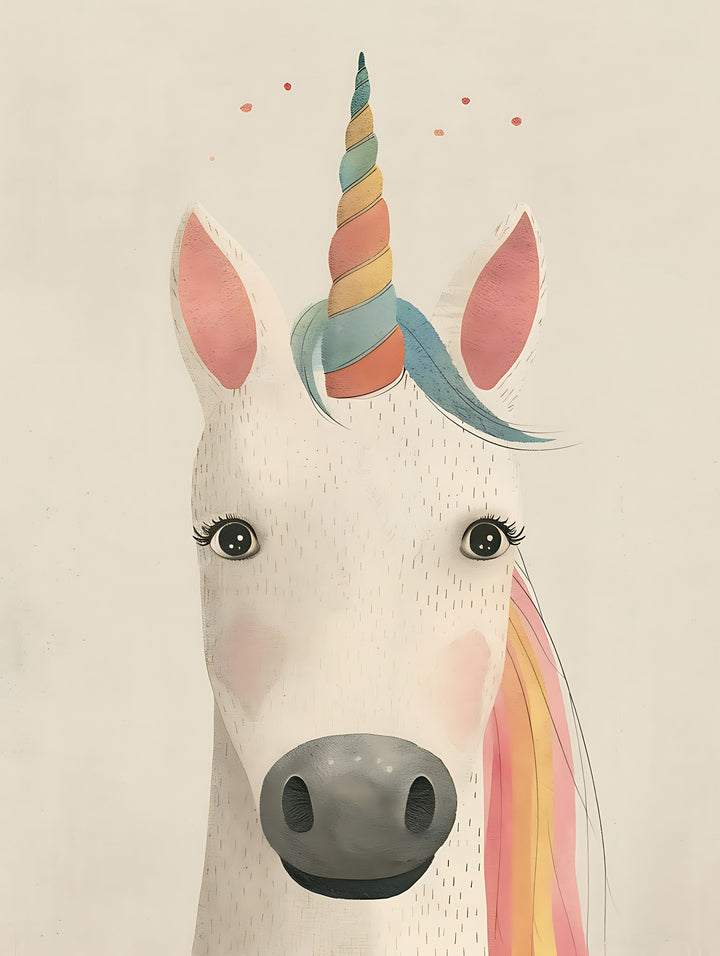 Wadi Home whimsical unicorn portrait wall art with rainbow mane and horn on a neutral background, perfect for a child's room.