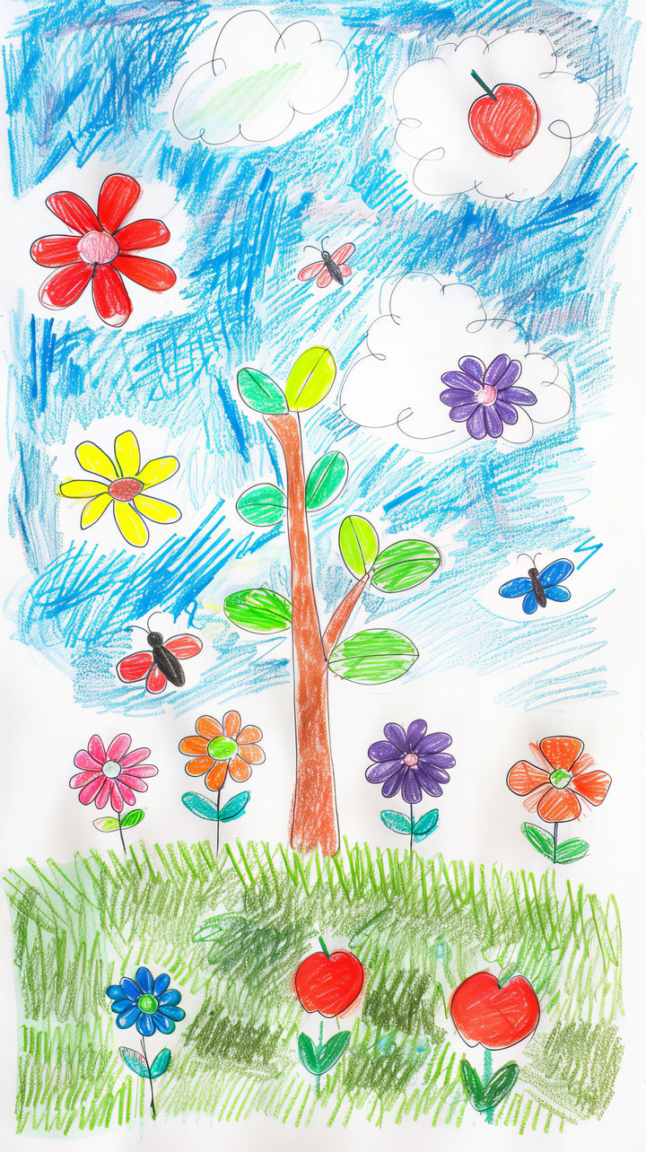 Wadi Home children's artwork display frame showcasing a colorful drawing of a tree with flowers and clouds. MDF frame with glass front.