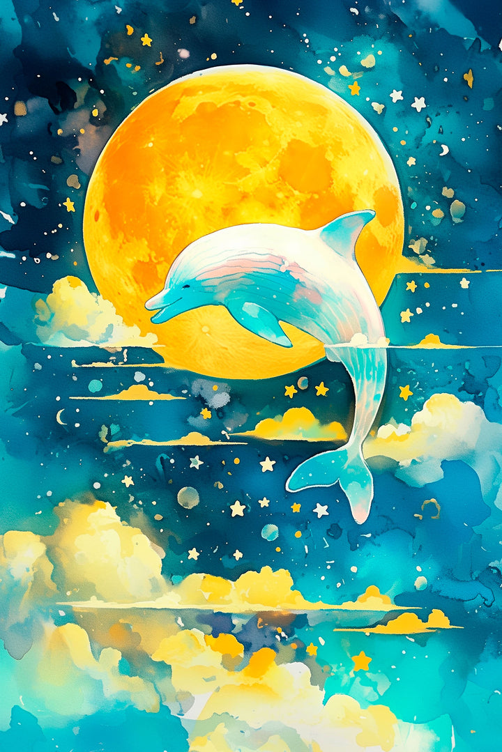 Wadi Home whimsical dolphin leaping under a luminous full moon in a starry, cloud-filled sky, watercolor style, blues, yellows, turquoise.