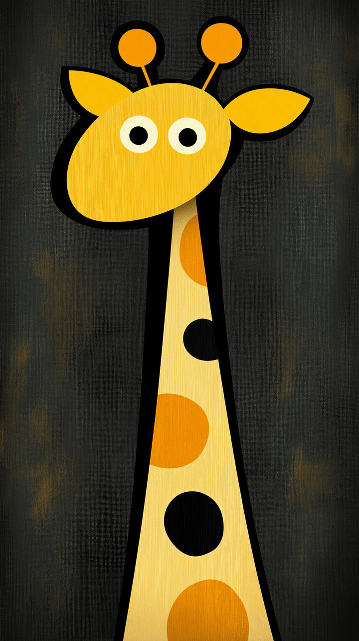 Wadi Home whimsical yellow giraffe with orange spots on dark textured background, nursery wall art.