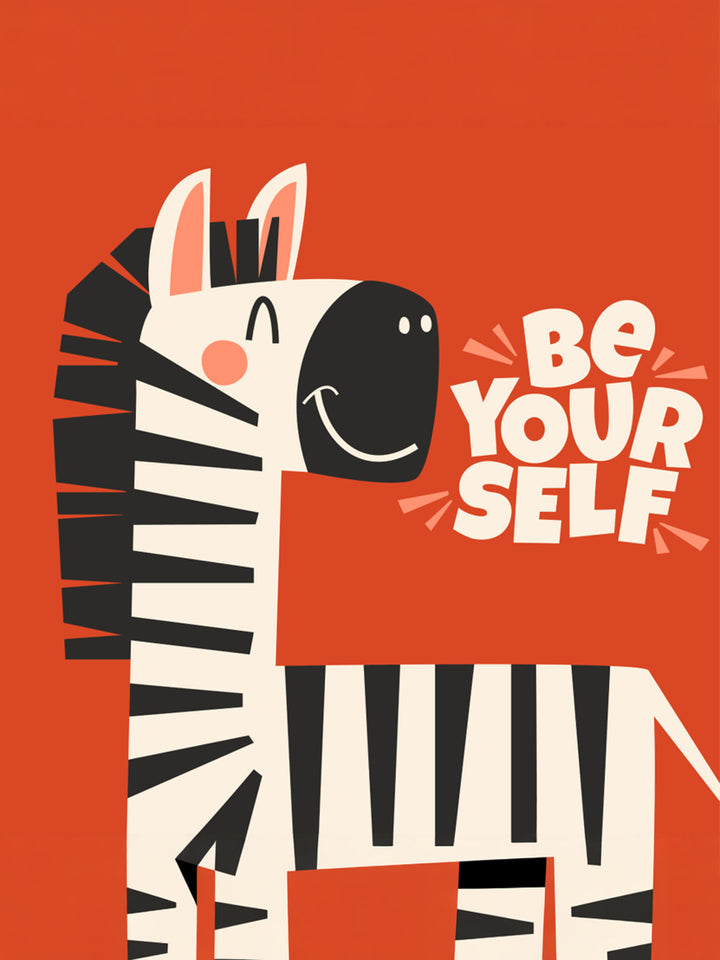 Wadi Home motivational poster with a cute cartoon zebra and the text "Be Yourself" on an orange background, perfect for a child's room.
