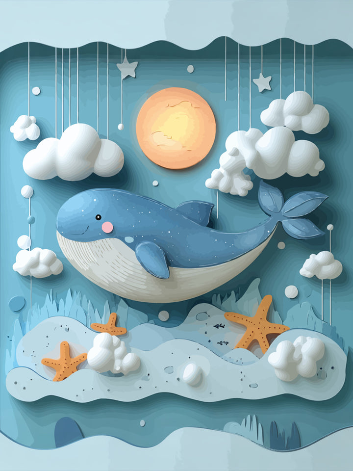 Wadi Home whimsical blue whale and starfish nursery wall art with clouds and moon. Perfect for a child's room.