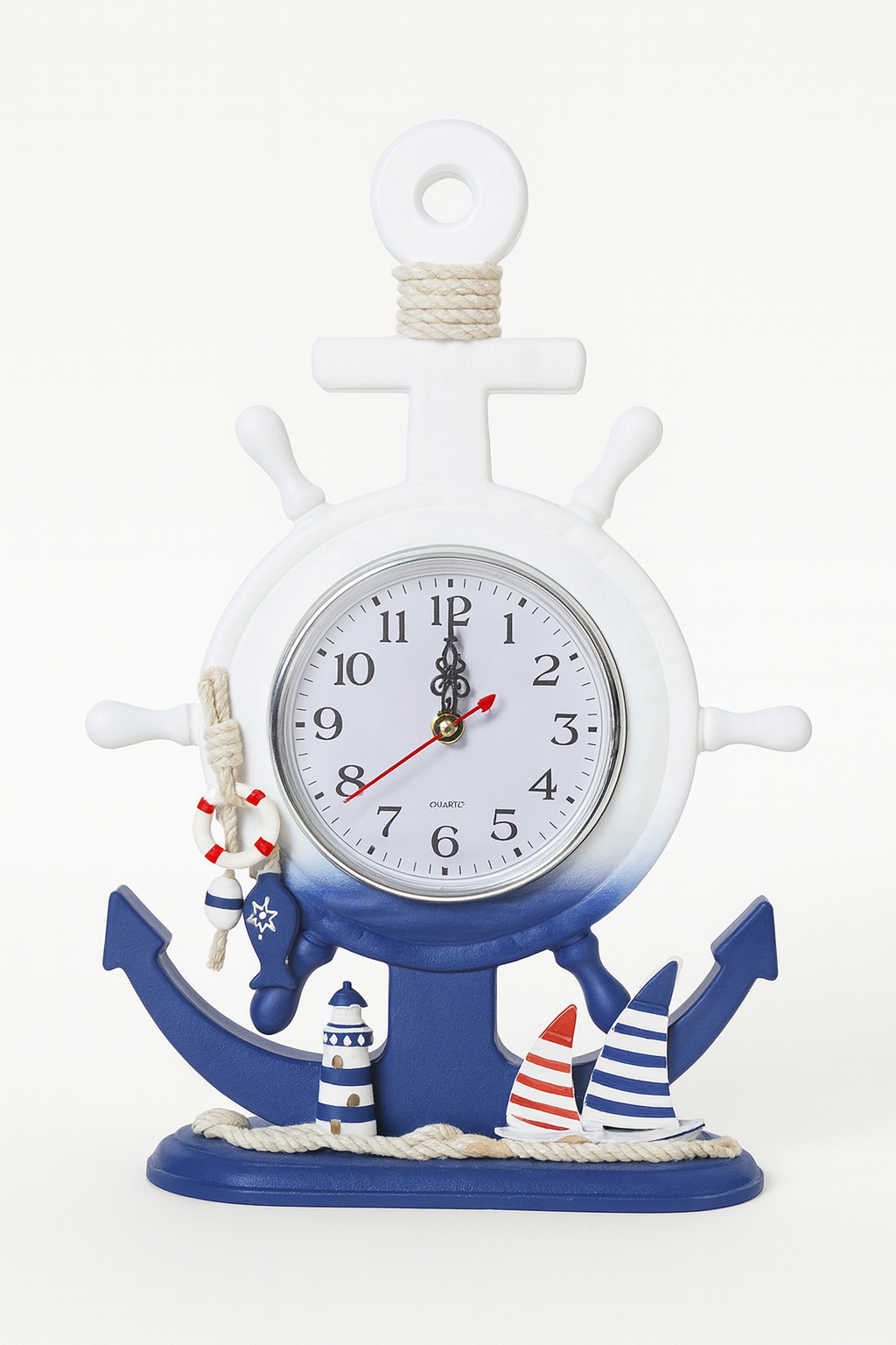 Nautical anchor wall clock with lighthouse, rope, and sailboat decorations