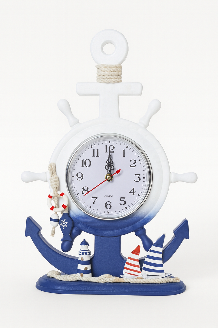 Nautical anchor wall clock with lighthouse, rope, and sailboat decorations