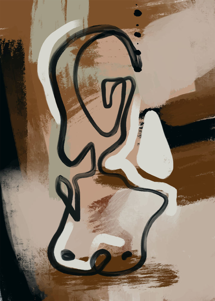 Wadi Home abstract line art canvas print with black figures on a warm brown and beige background.