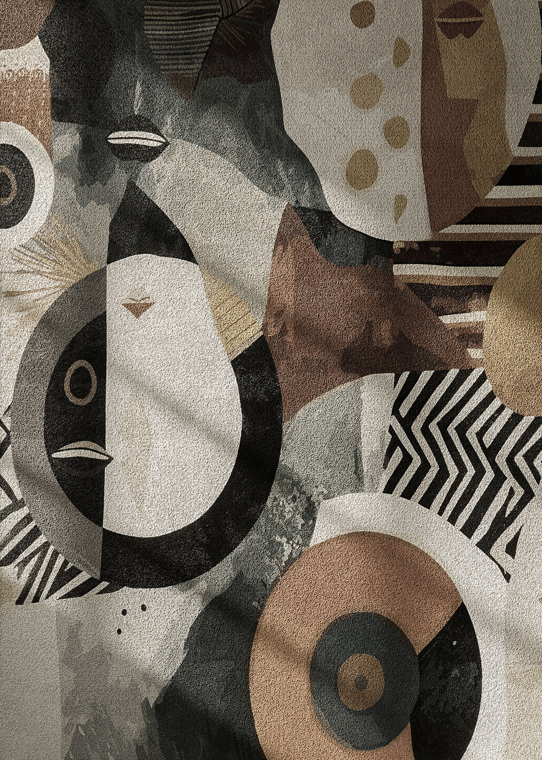 Wadi Home abstract geometric canvas wall art in black, white, beige, and gold with circular and zigzag patterns.
