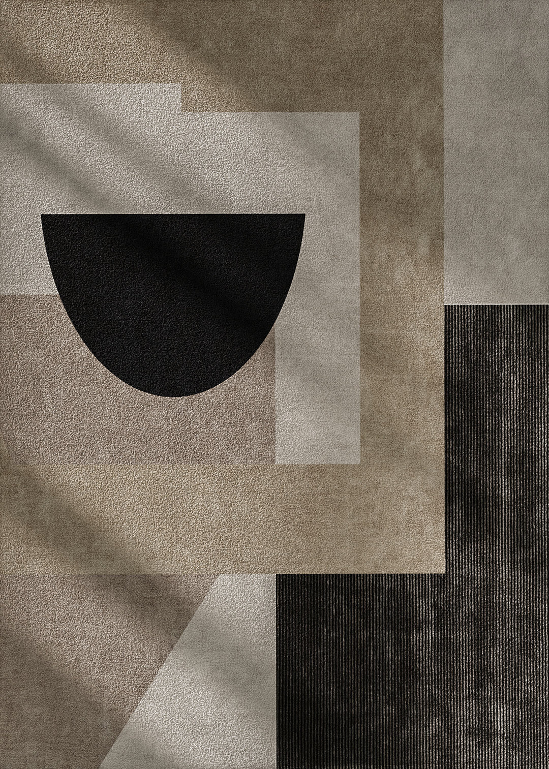 Wadi Home abstract geometric canvas art in beige, taupe, and charcoal with a black semi-circle.