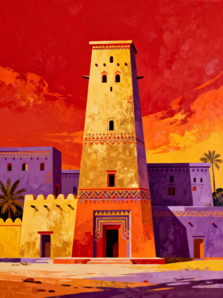 Wadi Home Desert Oasis Tower Art Print featuring a tall, yellow tower against a vibrant red and orange sunset sky with purple buildings.