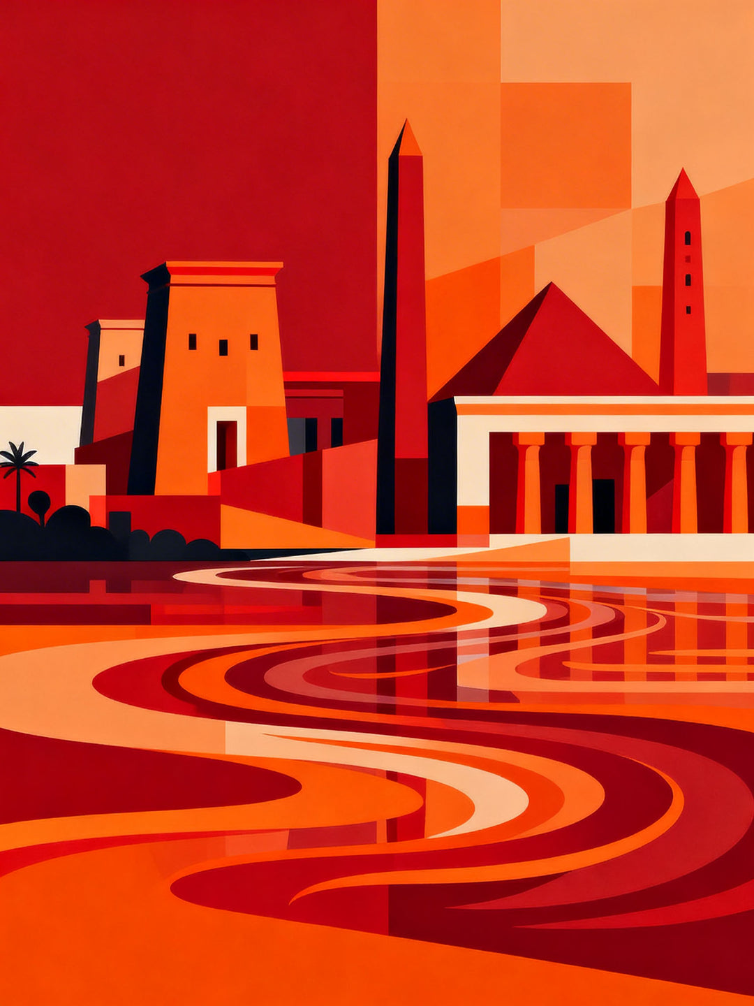 Wadi Home abstract Egyptian cityscape wall art in reds and oranges, featuring temples and flowing water.