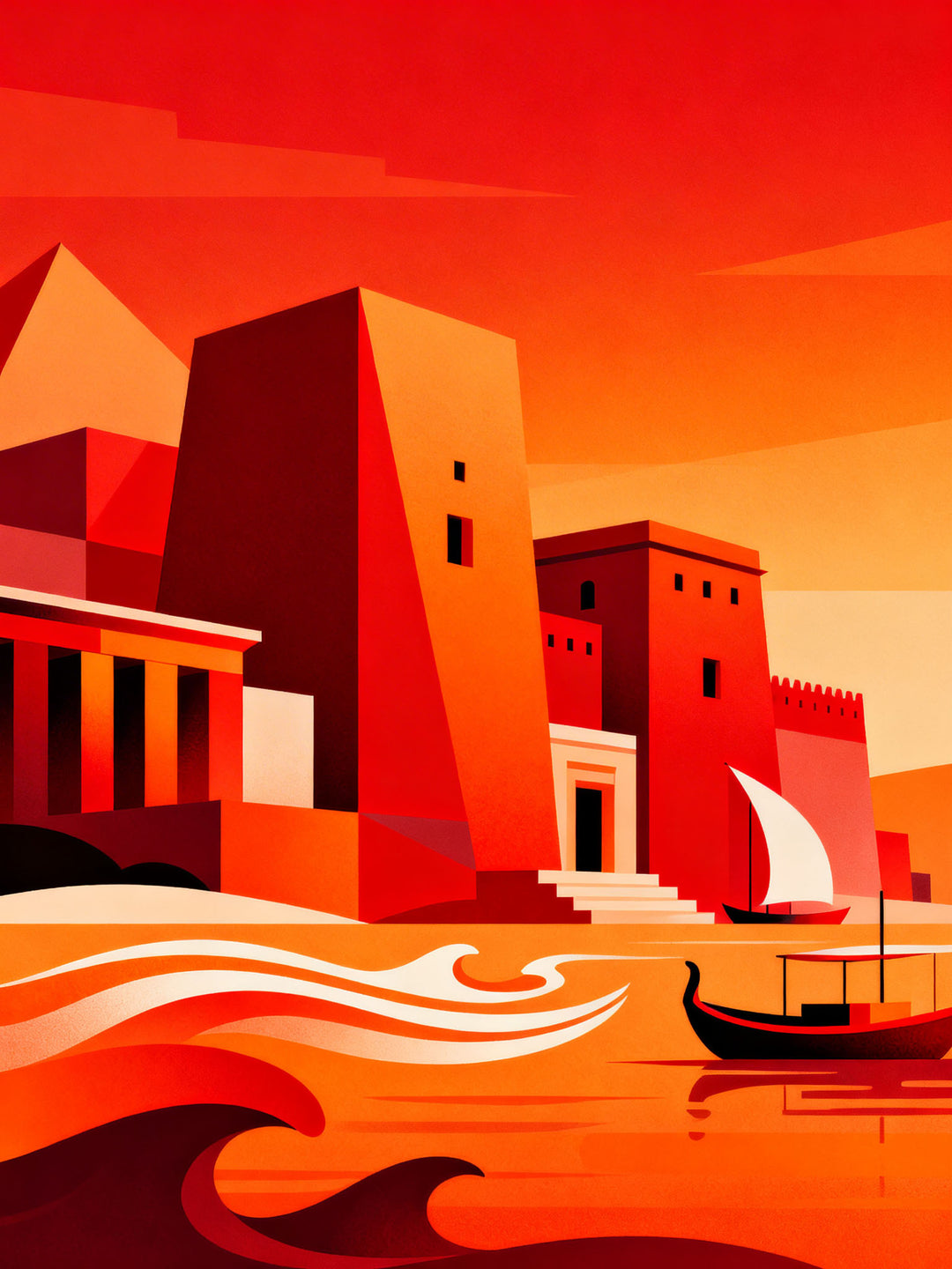 Wadi Home abstract coastal cityscape wall art with bold geometric shapes in warm oranges and reds, featuring a sailboat on water.