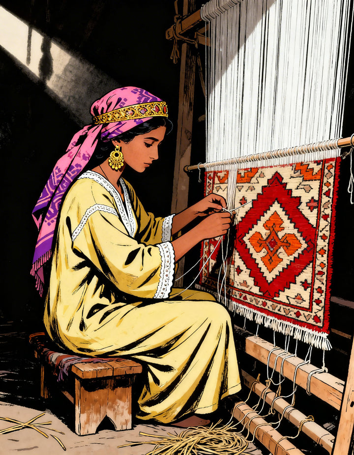 Wadi Home Traditional Weaver Wall Art: Woman in yellow dress and pink headscarf weaving a rug on a loom, rich colors, detailed illustration.