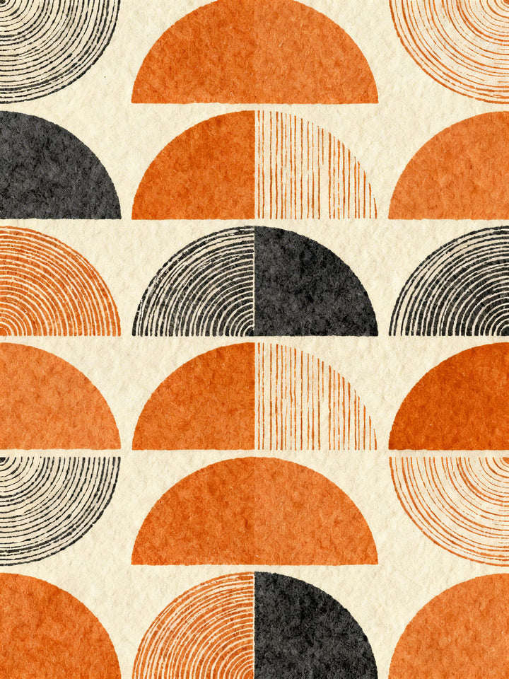 Wadi Home abstract wall art with semicircles in orange, charcoal grey, and cream. Textured modern design.