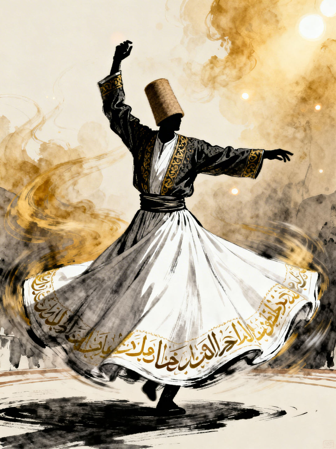Wadi Home Whirling Dervish artwork in watercolor style, featuring a dancer in white skirt with Arabic calligraphy, against golden smoky background.