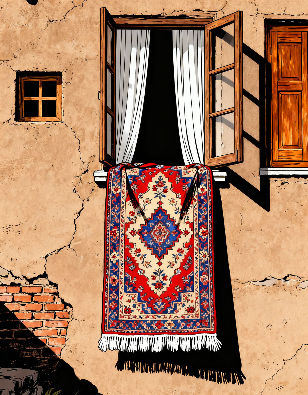 Wadi Home traditional oriental rug wall art with red, blue, and white intricate patterns hanging from an open window.