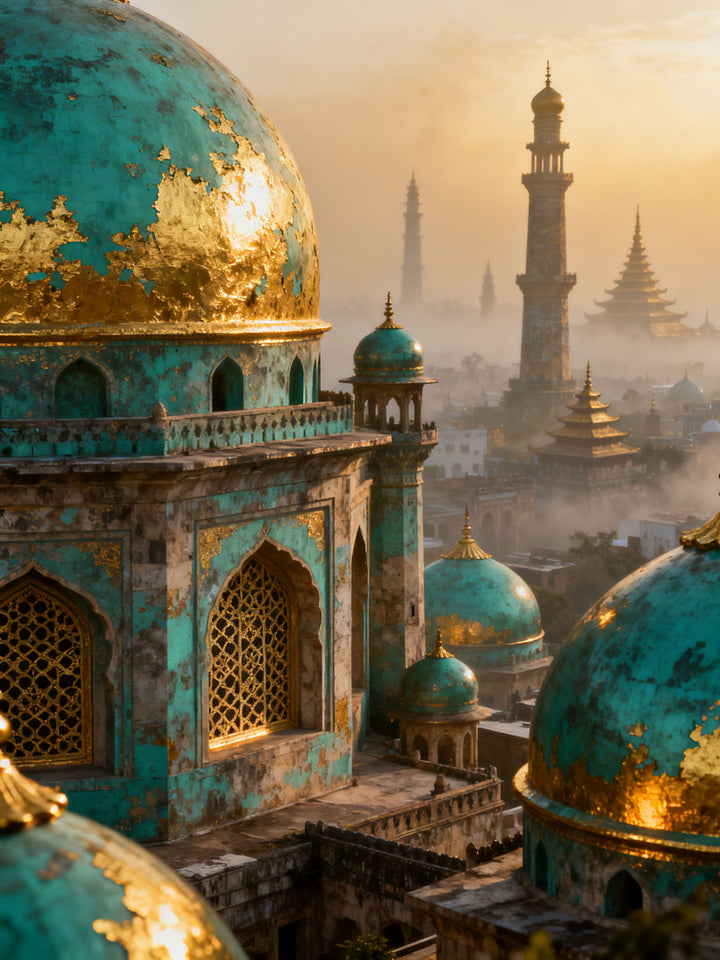 Wadi Home canvas print of a majestic Islamic cityscape with turquoise domes and golden accents, bathed in warm sunlight.