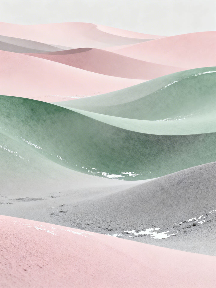 Wadi Home abstract desert landscape art with blush pink, sage green, and grey dunes. Modern wall art for living room.