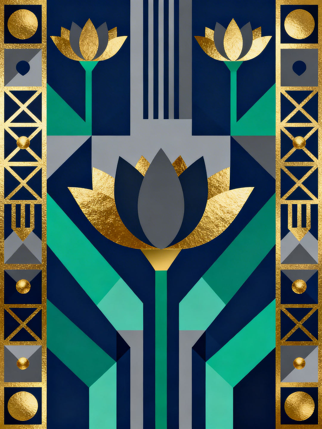 Wadi Home Geometric Floral Art Print in deep blues, emerald greens, and gold accents. Modern wall art.