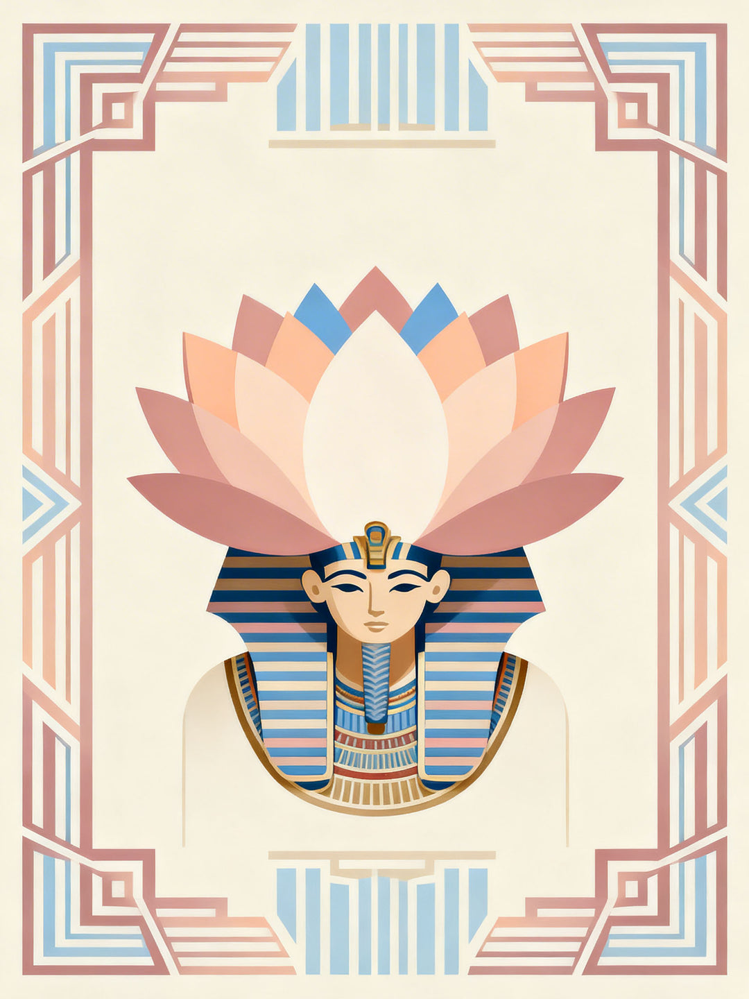 Wadi Home Egyptian Lotus Pharaoh Wall Art with pastel lotus headdress and geometric border.