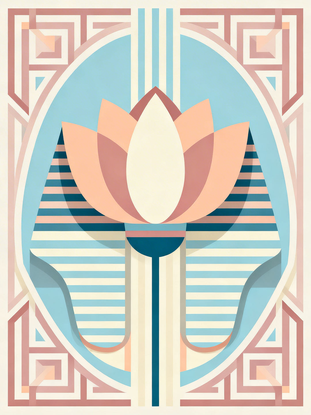 Wadi Home Art Deco lotus flower wall art in peach, cream, blue, and pink geometric patterns.