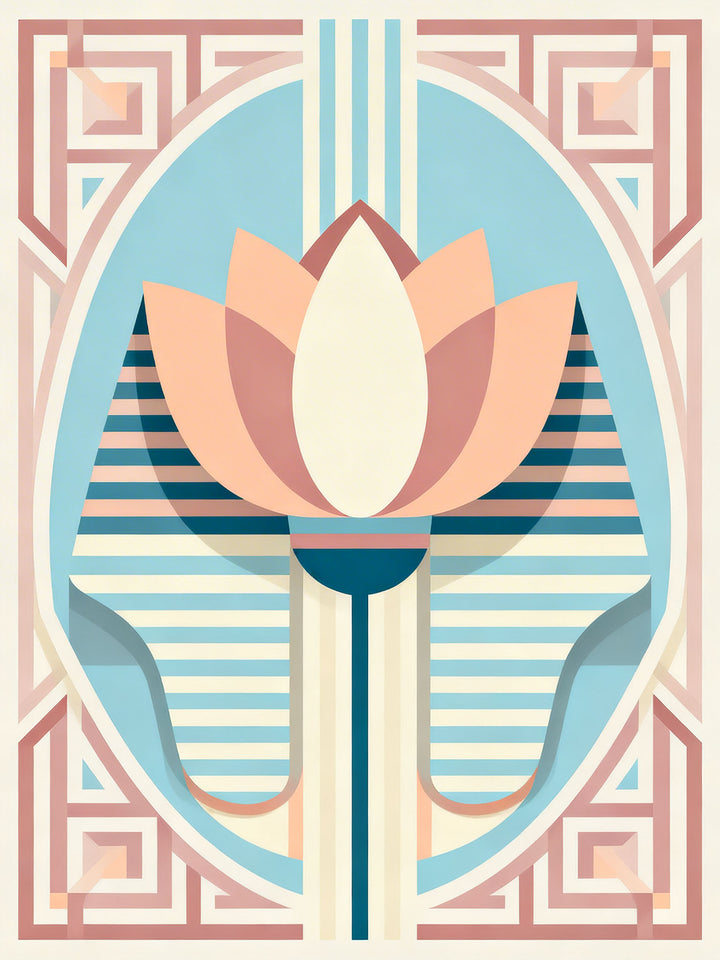 Wadi Home Art Deco lotus flower wall art in peach, cream, blue, and pink geometric patterns.