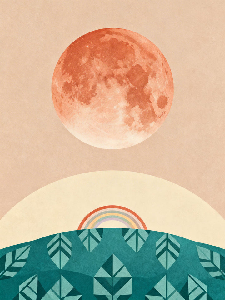 Wadi Home abstract celestial landscape art with textured orange moon, peach sky, teal geometric trees, and rainbow arc.