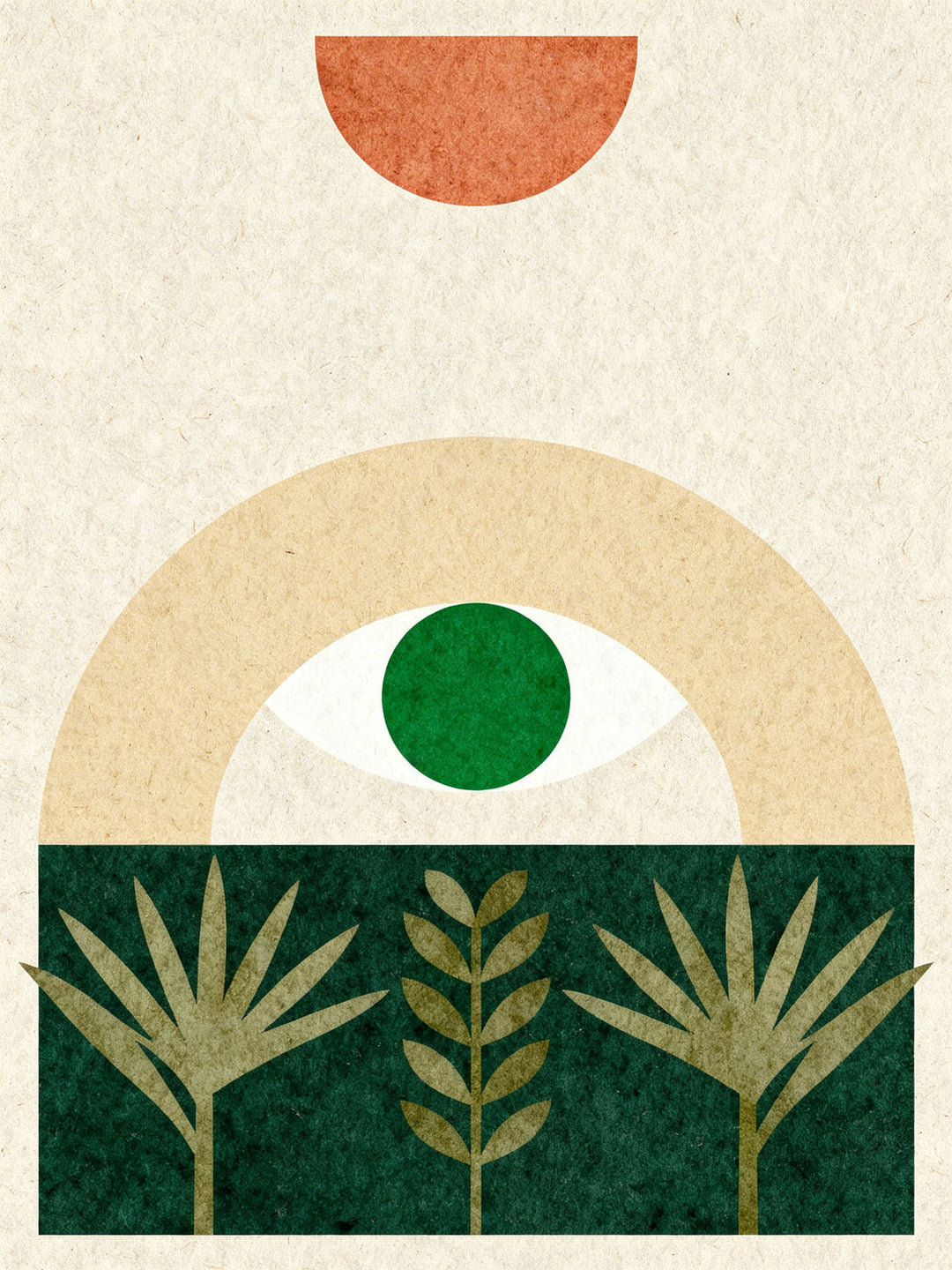 Wadi Home abstract botanical eye wall art with green eye, terracotta sun, and cream background.