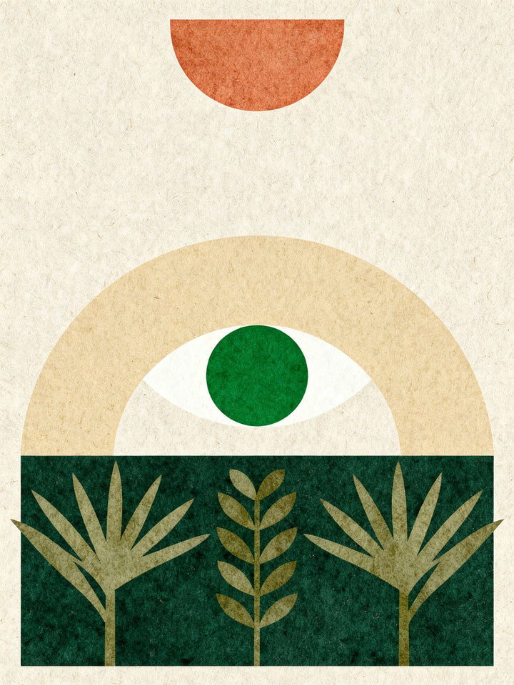 Wadi Home abstract botanical eye wall art with green eye, terracotta sun, and cream background.