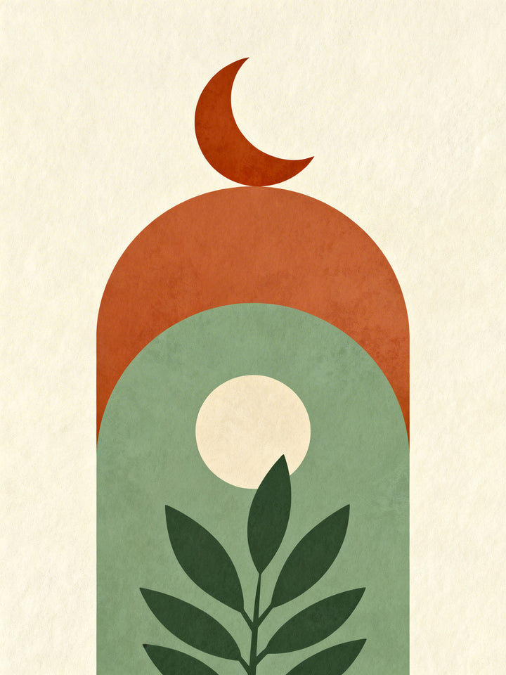 Wadi Home Abstract Archway Botanical Moon Wall Art with rust, sage green, and cream tones. Modern bohemian style.