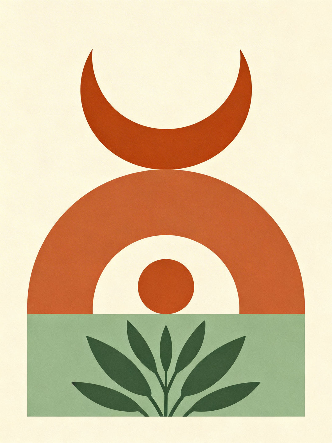 Wadi Home abstract geometric boho wall art with terracotta, sage green, and cream colors. Features crescent moon, arch, and plant motifs.