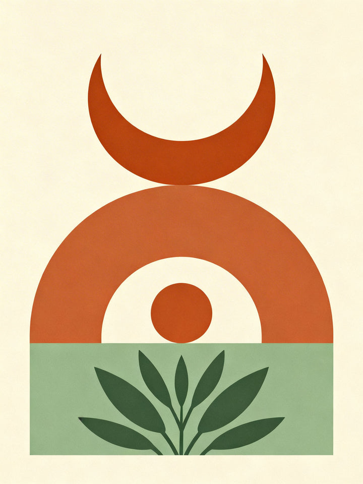 Wadi Home abstract geometric boho wall art with terracotta, sage green, and cream colors. Features crescent moon, arch, and plant motifs.