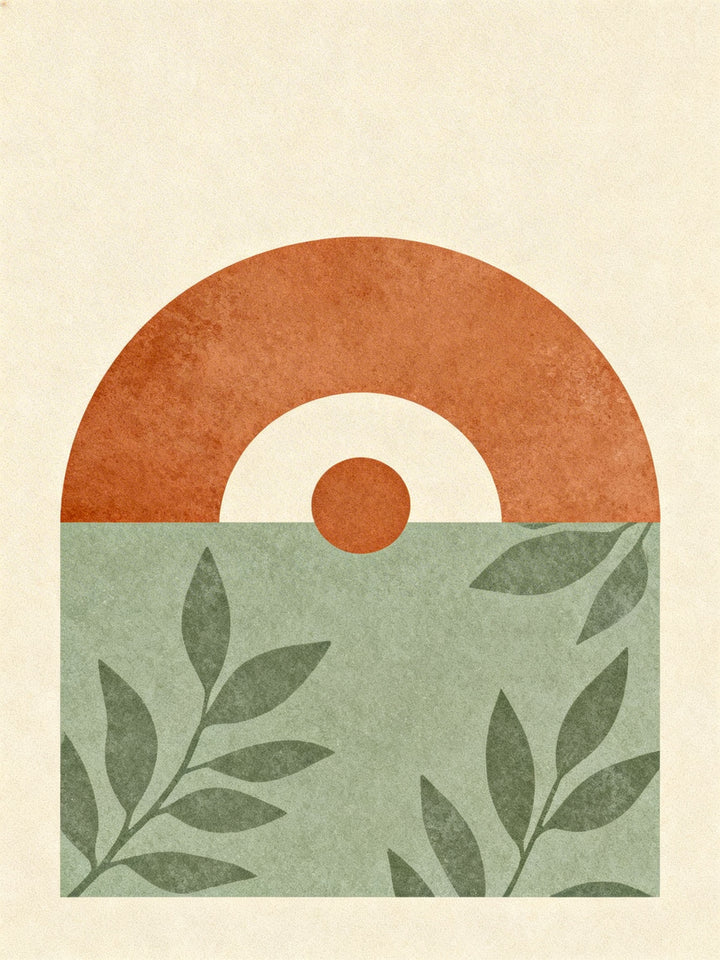 Wadi Home abstract geometric leaf artwork in terracotta and sage green, minimalist modern wall art.