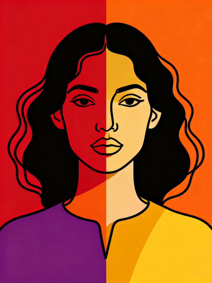 Wadi Home modern abstract portrait wall art featuring a woman in bold red, orange, yellow, and purple color blocks with black outline.