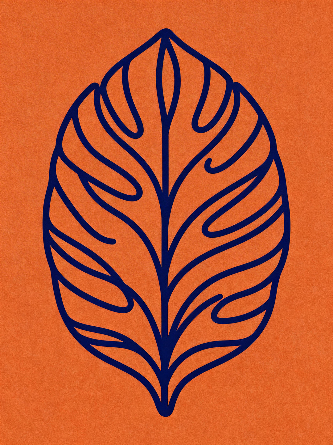 Wadi Home abstract navy blue leaf outline on textured orange background wall art.