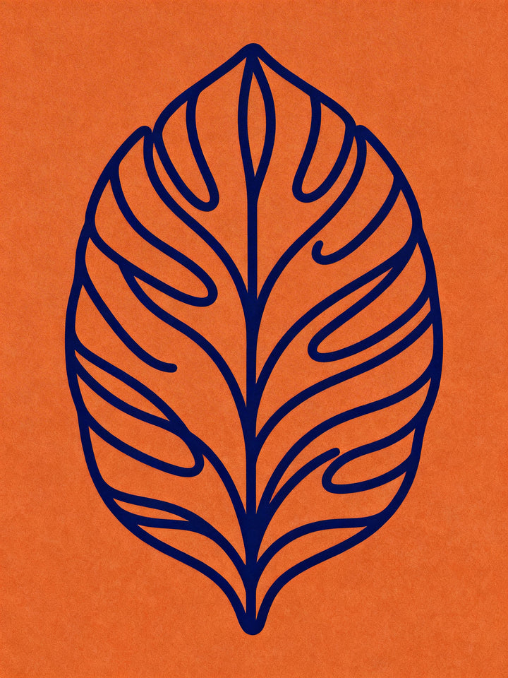 Wadi Home abstract navy blue leaf outline on textured orange background wall art.