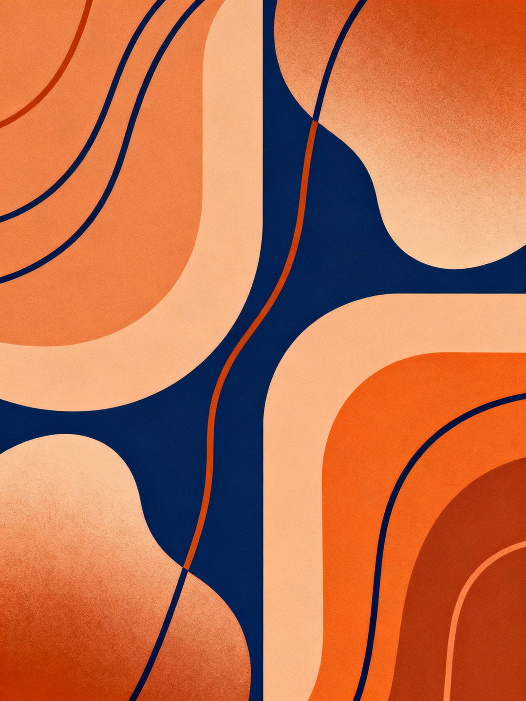 Wadi Home abstract wall art with organic shapes in navy blue, orange, and peach. Modern, textured design.