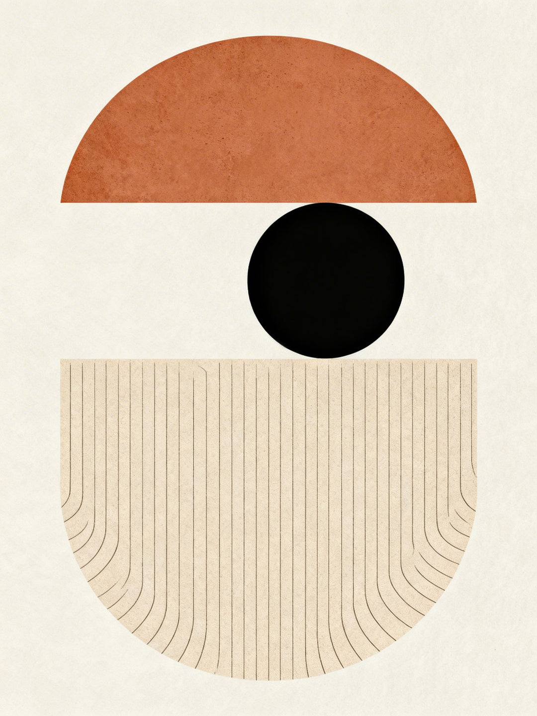 Wadi Home abstract geometric wall art with terracotta semi-circle, black circle, and textured neutral lower section.