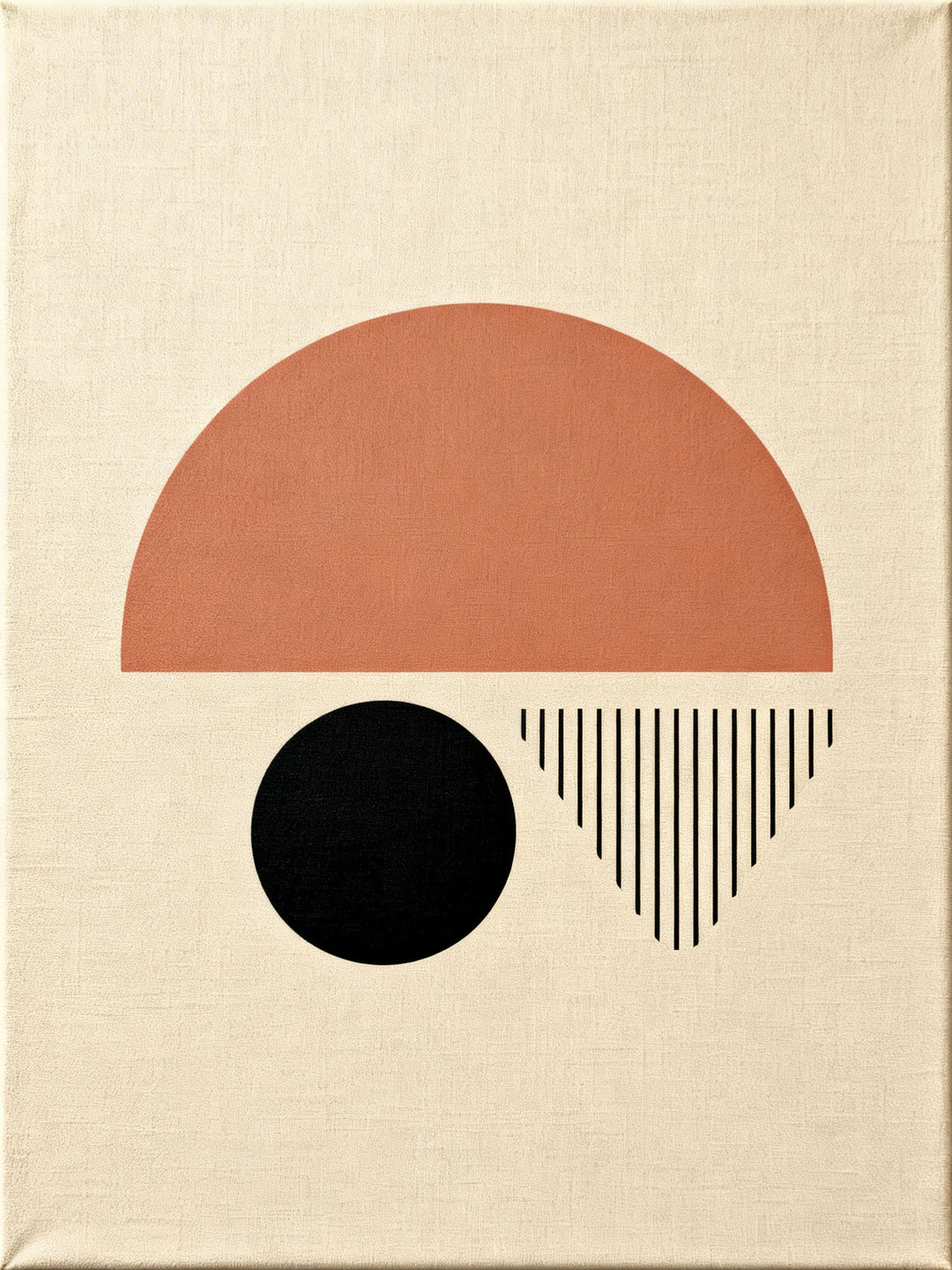 Wadi Home abstract geometric wall art with terracotta semi-circle, black circle, and vertical lines on textured background.