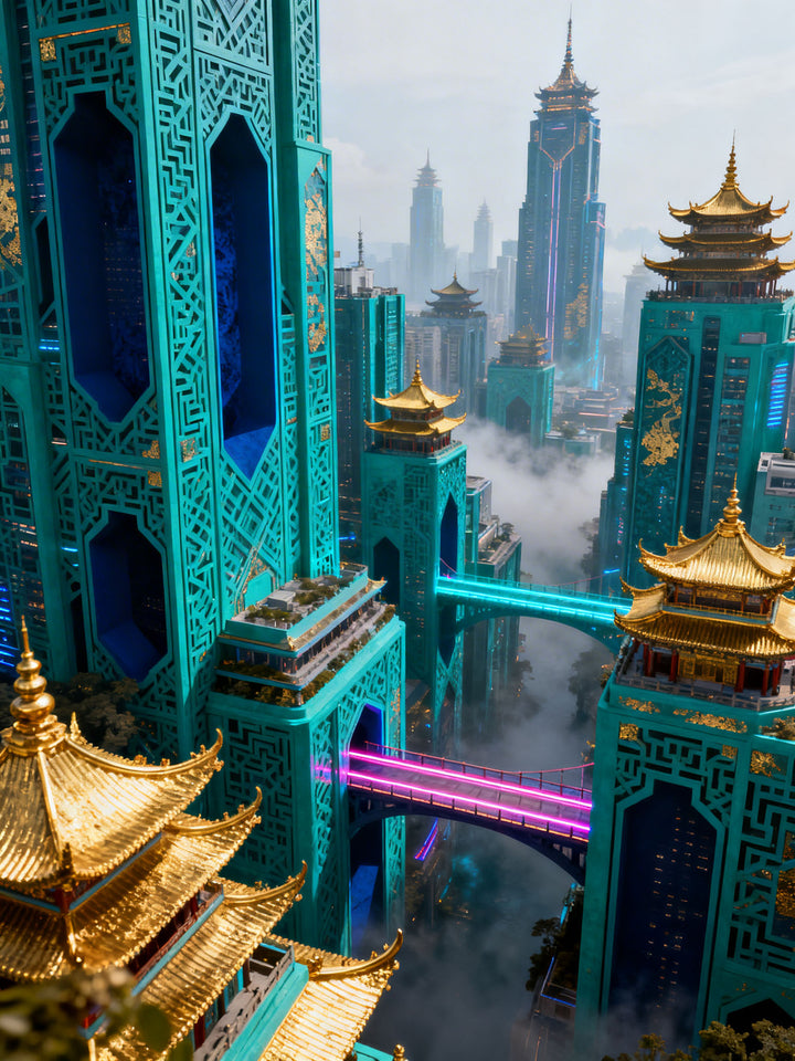 Wadi Home futuristic cityscape wall art with teal pagoda architecture, golden roofs, and neon bridges.