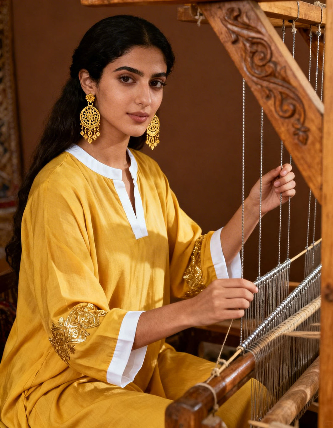 Wadi Home framed canvas print of a woman weaving traditional fabric. She wears a yellow tunic with gold embroidery and white cuffs, large gold earrings.