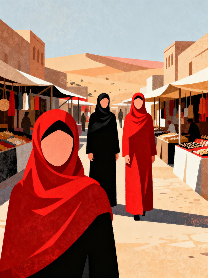 Wadi Home art print of women in traditional red and black attire walking through a vibrant marketplace with stalls and desert scenery.