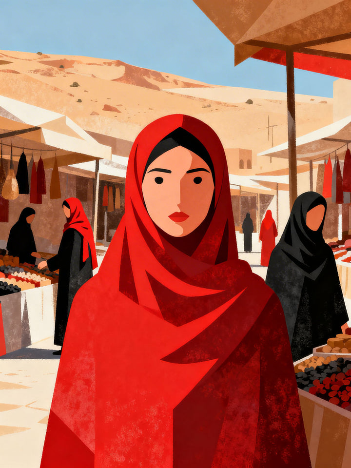 Wadi Home digital art print of a woman in a red hijab at a bustling market scene. Minimalist style with rich colors.