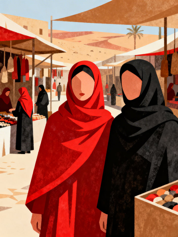 Wadi Home Market Day With Two Women artwork, featuring women in red and black hijabs at a bustling marketplace. Minimalist flat design with earthy tones.