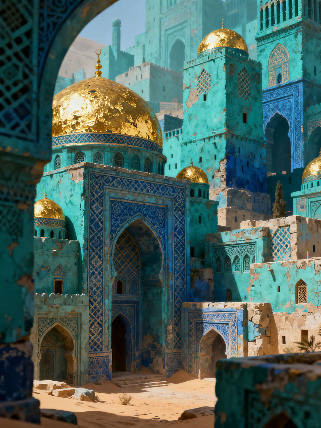 Wadi Home turquoise cityscape artwork with golden domes and intricate blue tile details, evoking exotic architecture.