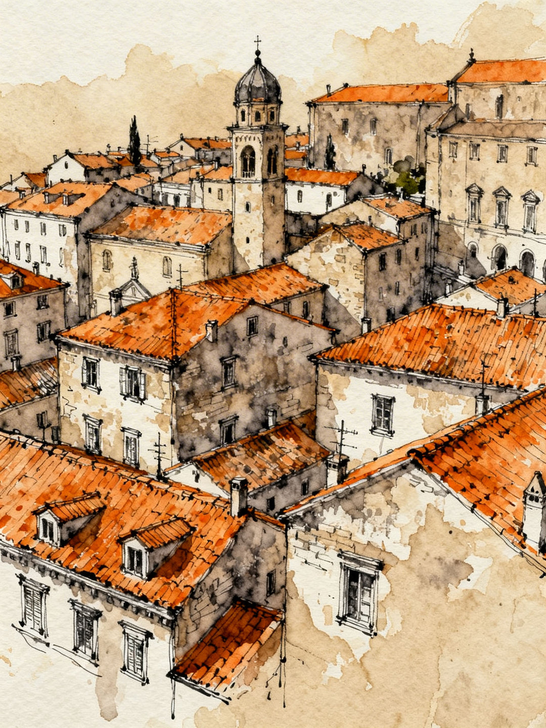 Wadi Home European cityscape watercolor art with terracotta rooftops and bell tower. Detailed ink lines and warm tones.